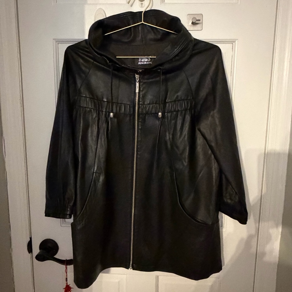 London Fog Black Leather Hooded Jacket
